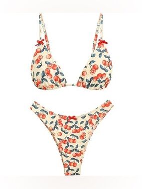 Women’s Cream Cherry Print Bikini Set - Cream/Red tie Back size Small